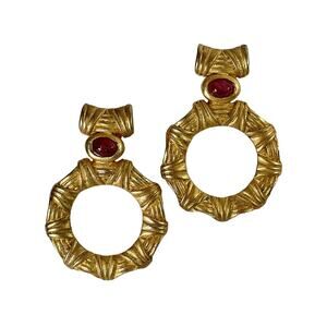 1990s Leowe Gold Plate Brick Red Gripoix Glass Cabs Door Knocker Clip Earrings